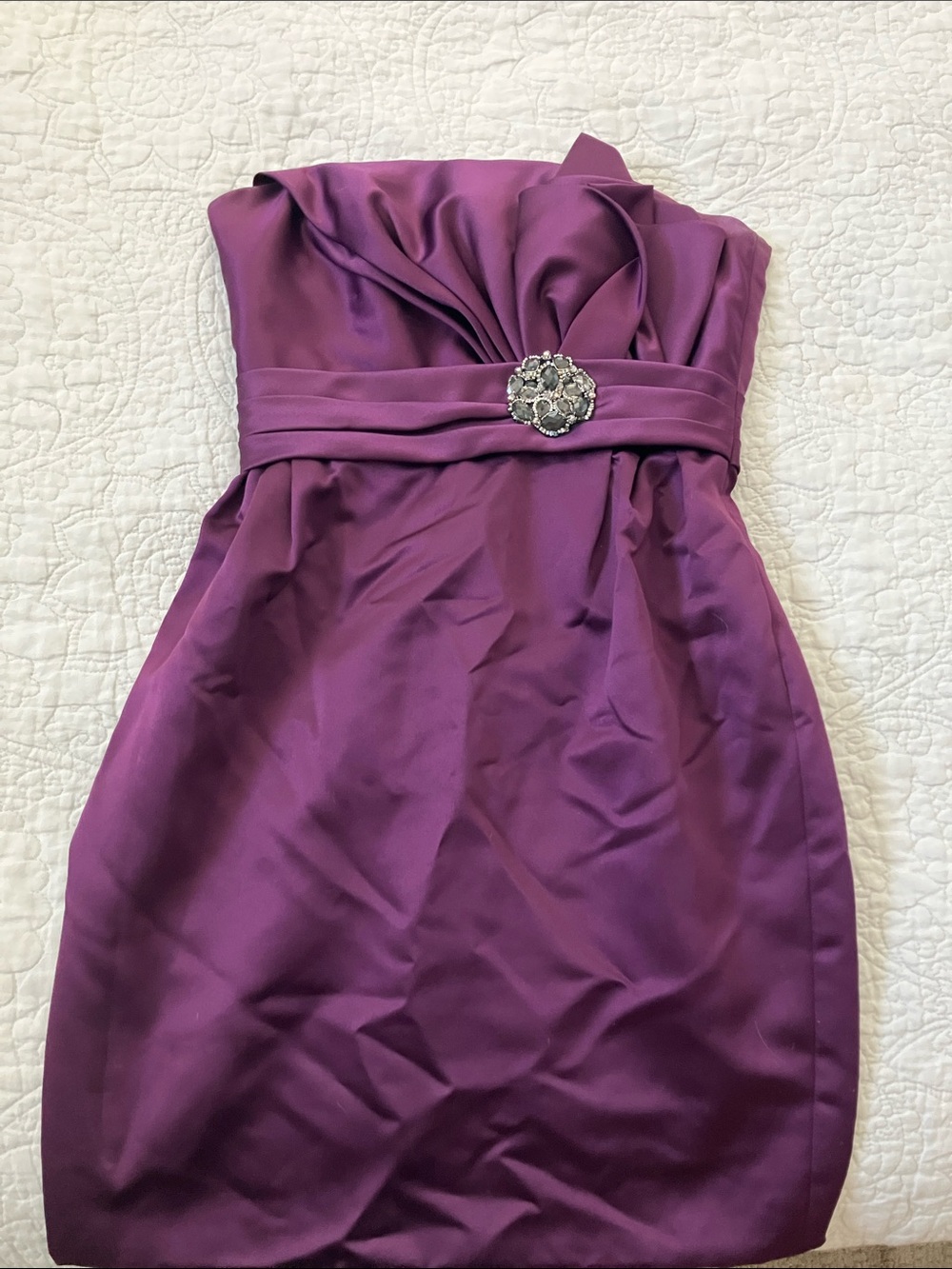 Love Strapless Purple Satin Cocktail Dress with Brooch Detail
